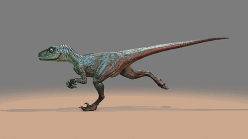 a 3d model of a dinosaur running on a brown surface