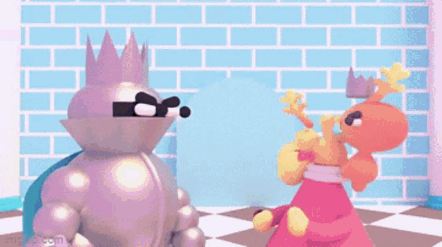 two cartoon characters are standing next to each other in a room
