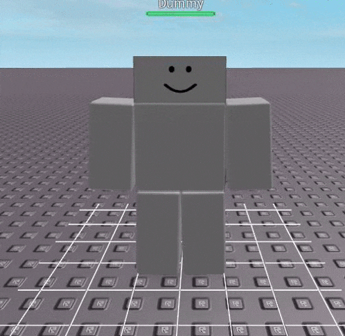 a gray block with a smiley face on his face is standing on a grid .