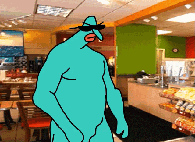 a cartoon character wearing a hat and sunglasses stands in a store