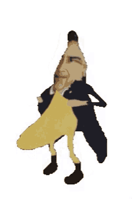 a banana with arms and legs is wearing a tuxedo and holding a banana on a white background .