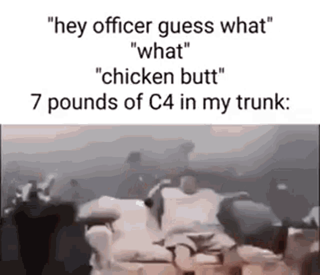 a man is sitting on a couch and talking to a police officer about chicken butts in his trunk .