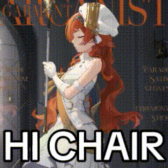 a woman in a white dress is holding a stick and the words hi chair are on the bottom of the picture .