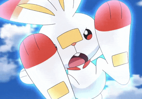 a cartoon rabbit with red white and yellow stripes on its feet