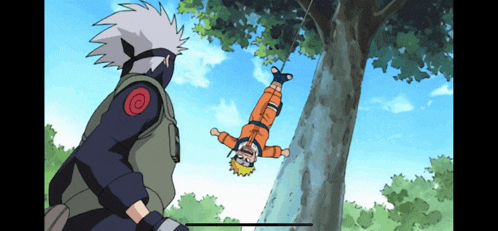 a cartoon of naruto falling from a tree while kakashi watches