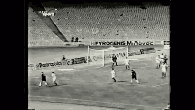 a soccer game is being played in front of a sign that says " pyrogenis "