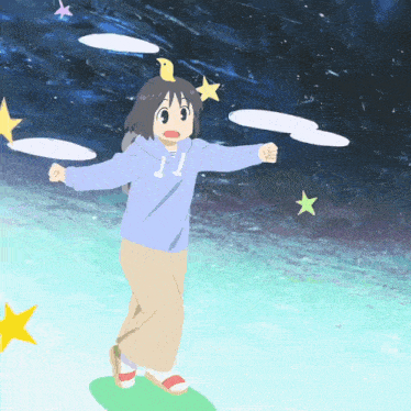 a girl with a bird on her head is standing in front of a starry sky