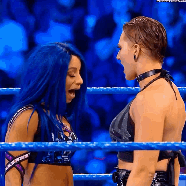 two women with blue hair are standing in a wrestling ring talking to each other .