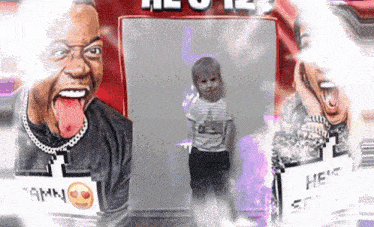 a man with his tongue hanging out and a child with a sign that says hein