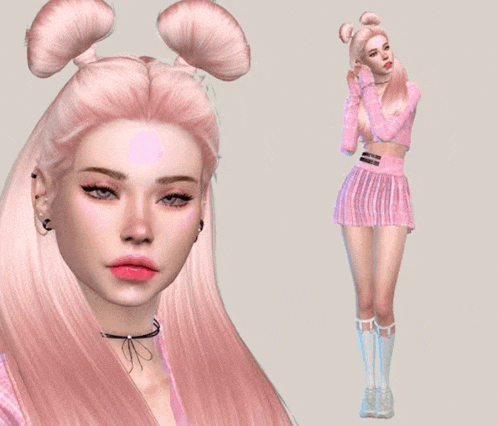 a girl with pink hair is wearing a pink top and a pink skirt