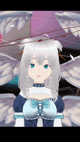 a girl with white hair and blue eyes has a bow around her neck