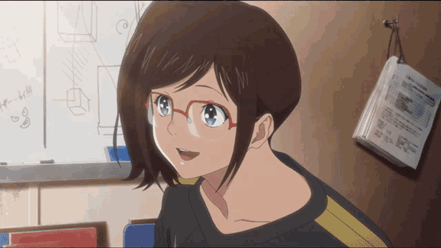 a girl with glasses is smiling in front of a whiteboard with chinese writing on it