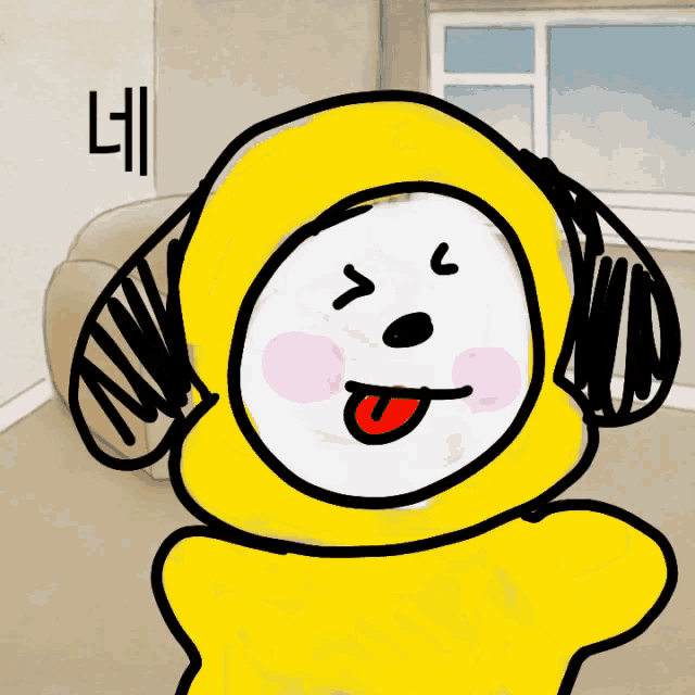 a drawing of a yellow and white cartoon character with a tongue sticking out