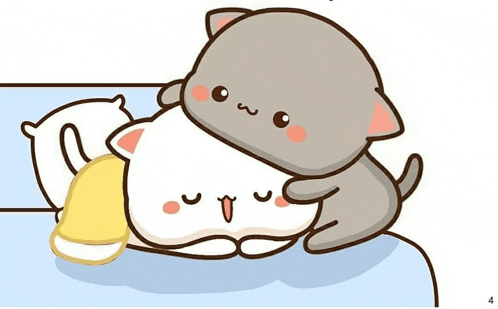 a cartoon of two cats laying on a bed with a yellow blanket .