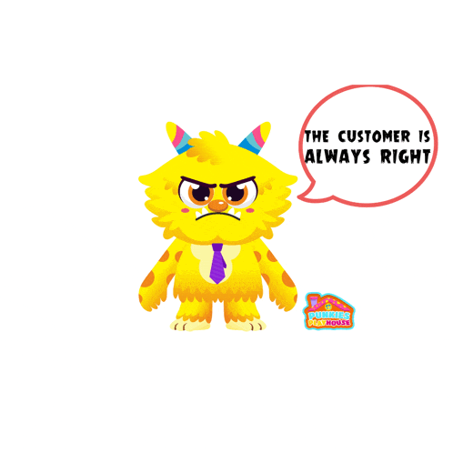 a cartoon monster with a speech bubble that says the customer is always right