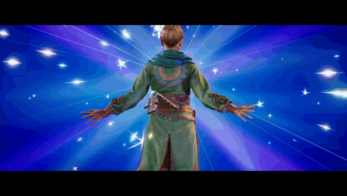 a man in a green robe is standing in front of a blue background with stars coming out of it