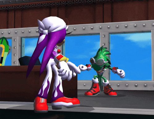 a purple and white cartoon character standing next to a green and red cartoon character