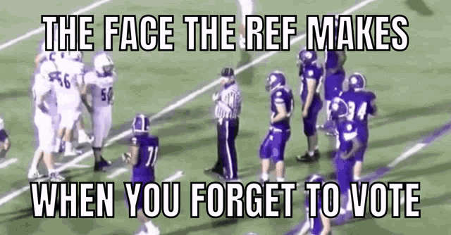 the face the ref makes when you forget to vote is displayed on a football field