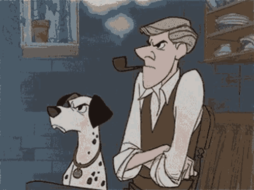 a man with a pipe is sitting next to a dalmatian dog