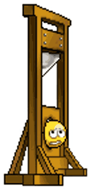 a pixel art drawing of a guillotine with a crying smiley face on it