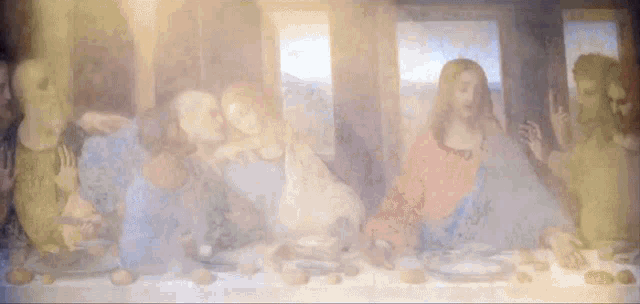 a painting of jesus and his apostles sitting at a table with food