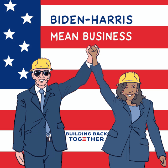 a poster for biden harris mean business shows a man and woman giving each other a high five