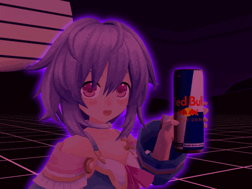 a girl with purple hair is holding a can of red bull energy drink
