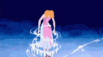 cinderella from disney 's cinderella is standing in the snow surrounded by sparkles .