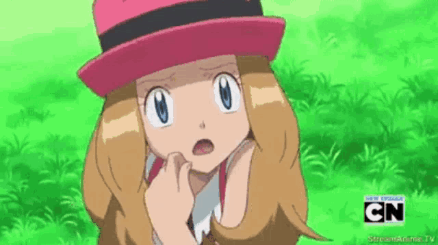 a girl wearing a pink hat and a cn logo on the bottom