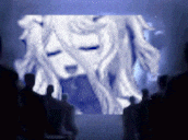 a group of people are watching a cartoon of a girl with long hair