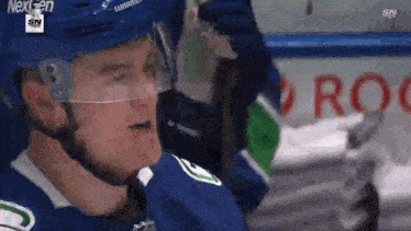 a close up of a hockey player wearing a helmet and glasses