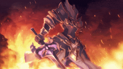 a knight in armor is holding a sword in front of flames