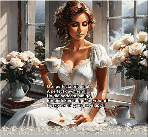 a woman sits in front of a window holding a cup of coffee and a book