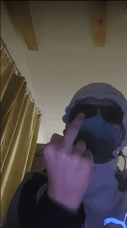 a man wearing sunglasses and a mask giving the middle finger
