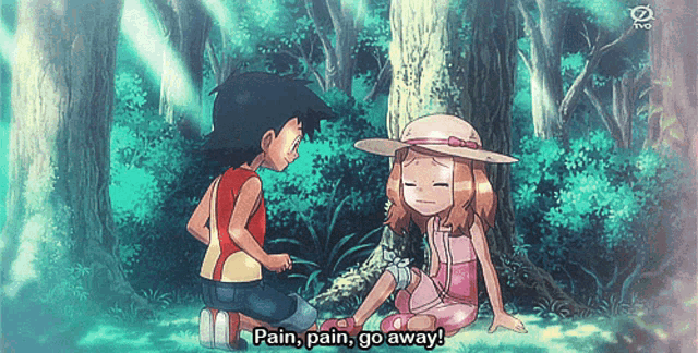 a boy kneeling down next to a girl with the words pain pain go away below them