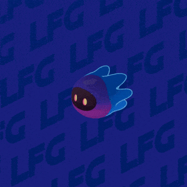 a purple and blue cartoon character in a dark room with letters lfg on the wall