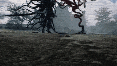 a monster with a lot of tentacles is standing in the dirt in front of a house