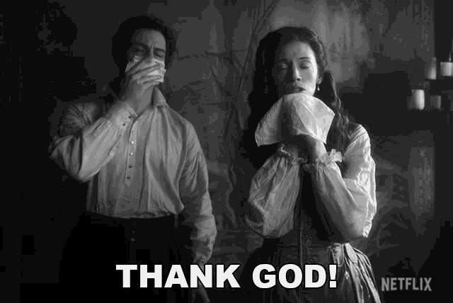 a black and white photo of a man blowing his nose and a woman blowing her nose with the words thank god on the bottom