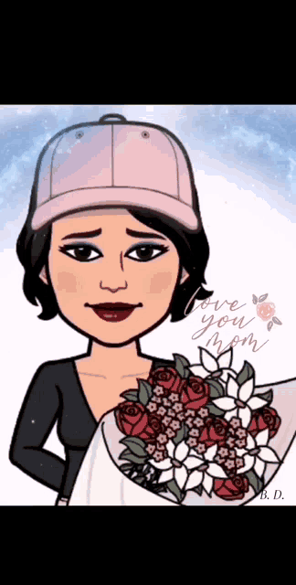 a cartoon of a woman holding a bouquet of flowers with the words " love you mom " on the bottom