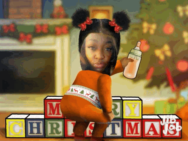 a cartoon of a little girl holding a bottle in front of a stack of christmas blocks
