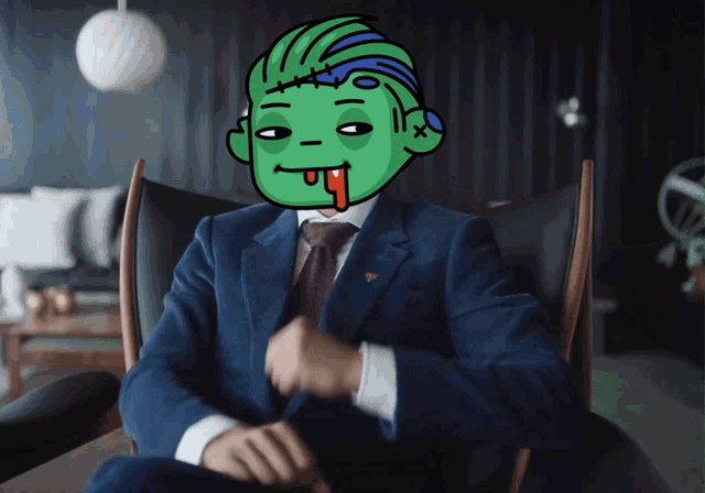 a cartoon of a man in a suit and tie with a green head and tongue sticking out
