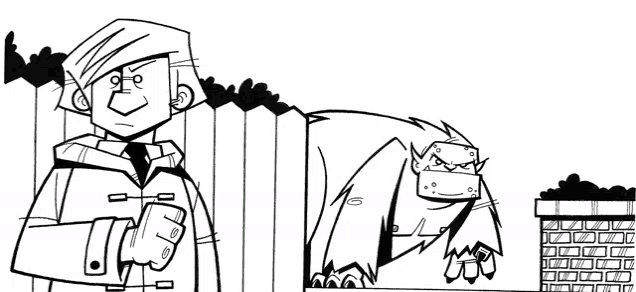 a black and white drawing of a man and monster
