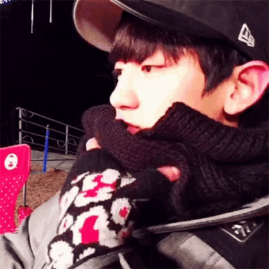 a young man wearing a hat and a scarf with the letter e on it
