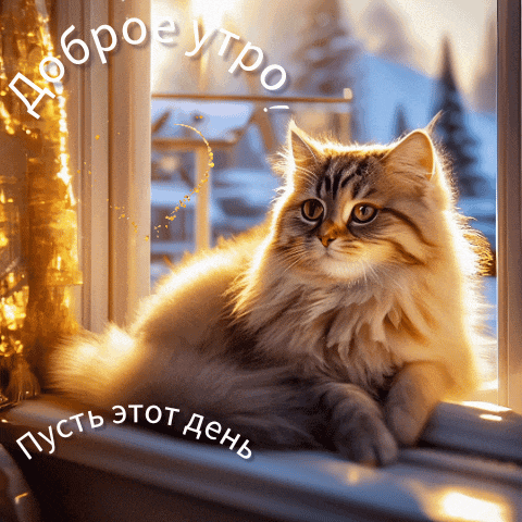 a fluffy cat laying on a window sill with the words " доброе утро " written below it