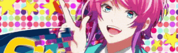 a girl with pink hair and blue eyes is giving a peace sign in front of a colorful background .