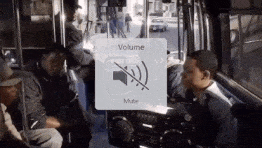 a group of people on a bus with a volume mute icon