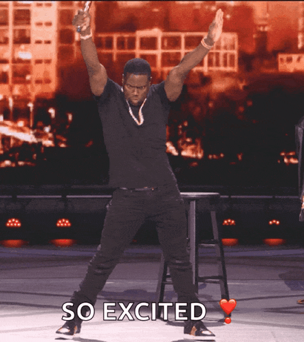 a man in a black shirt is dancing with the words so excited above him