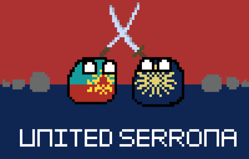 a pixel art of two balls with swords crossed and the words united serrona