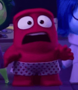 a red cartoon character with hearts on his shorts looks scared