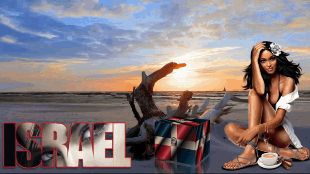 a painting of a woman sitting on a beach with the word israel on the bottom